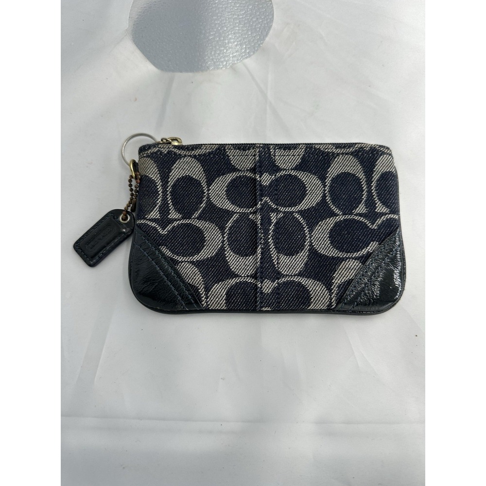 Coach CC Holder Key Ring Blue Jacquard Purple Lining Zipper Wallet